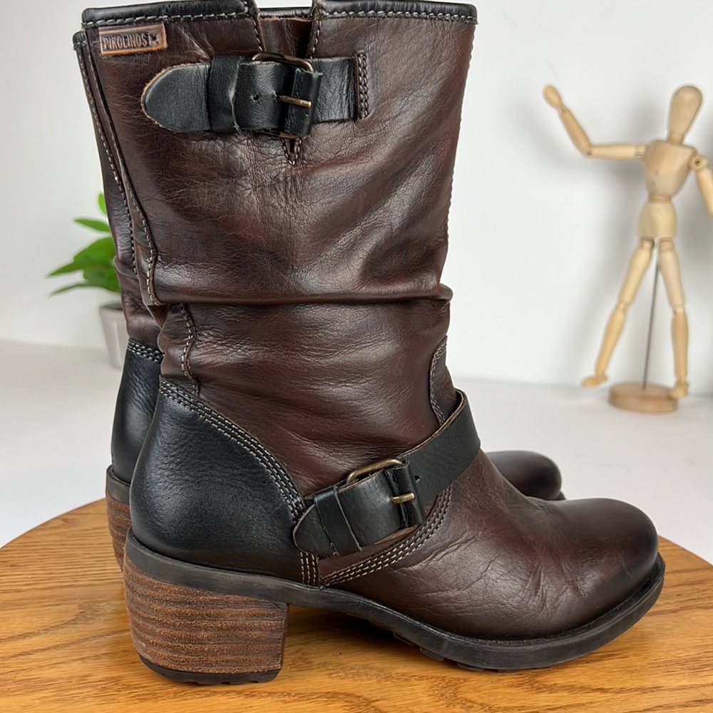 Pikolinos Brown Leather Moto Strap Heeled Boots Women’s Size 6 - Picture 3 of 13